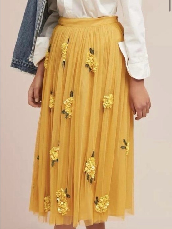 Maeve Dresses & Skirts - Maeve Mustard Tulle Midi Skirt with Floral Appliqués